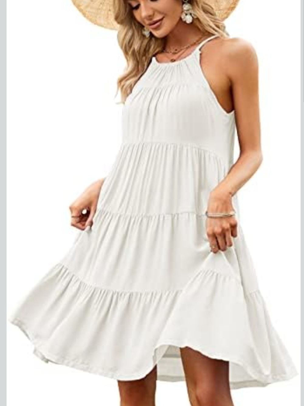 Halter Tiered Mini Dress in White~65% Linen 35% Cotton Blend